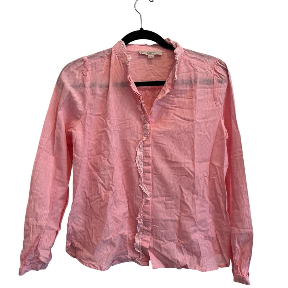 LOFT Pink Ruffled button down Small - image 1
